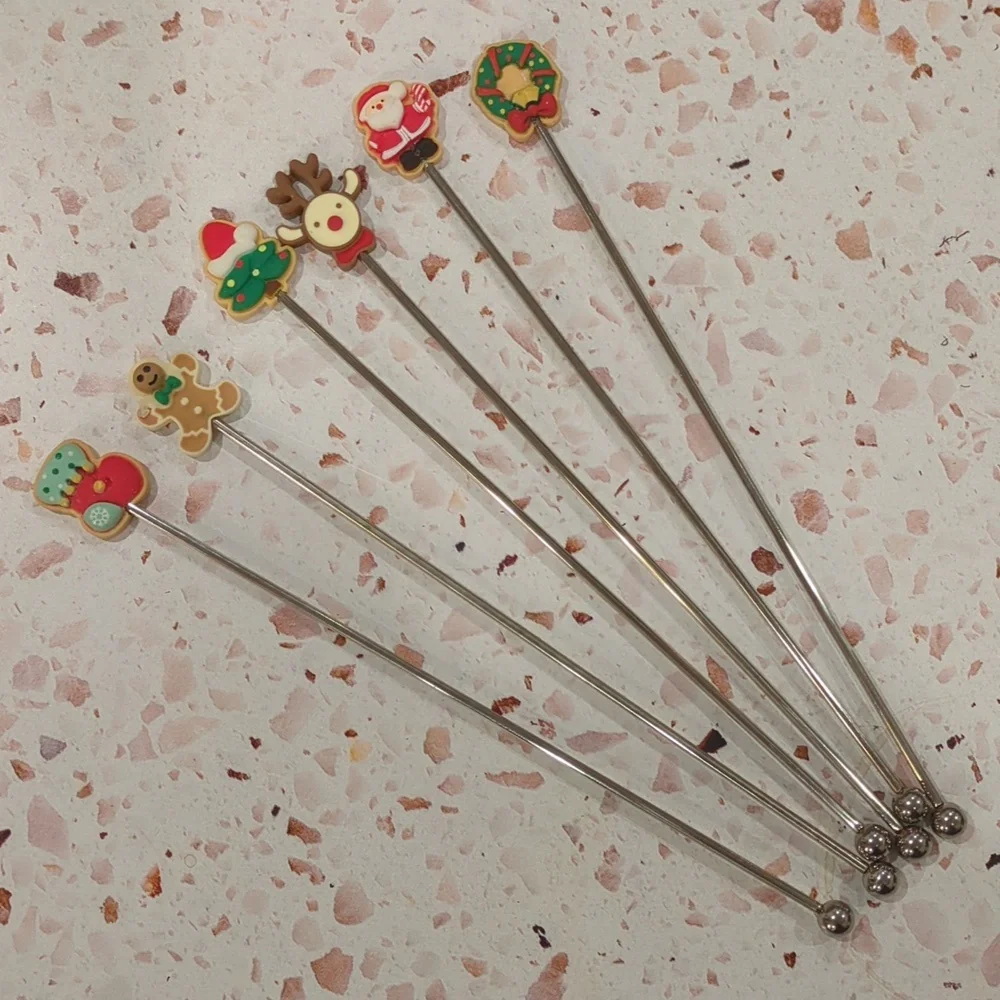 Christmas Swizzle Sticks | Set of 6 | Stainless Steel and Resin Stir Sticks